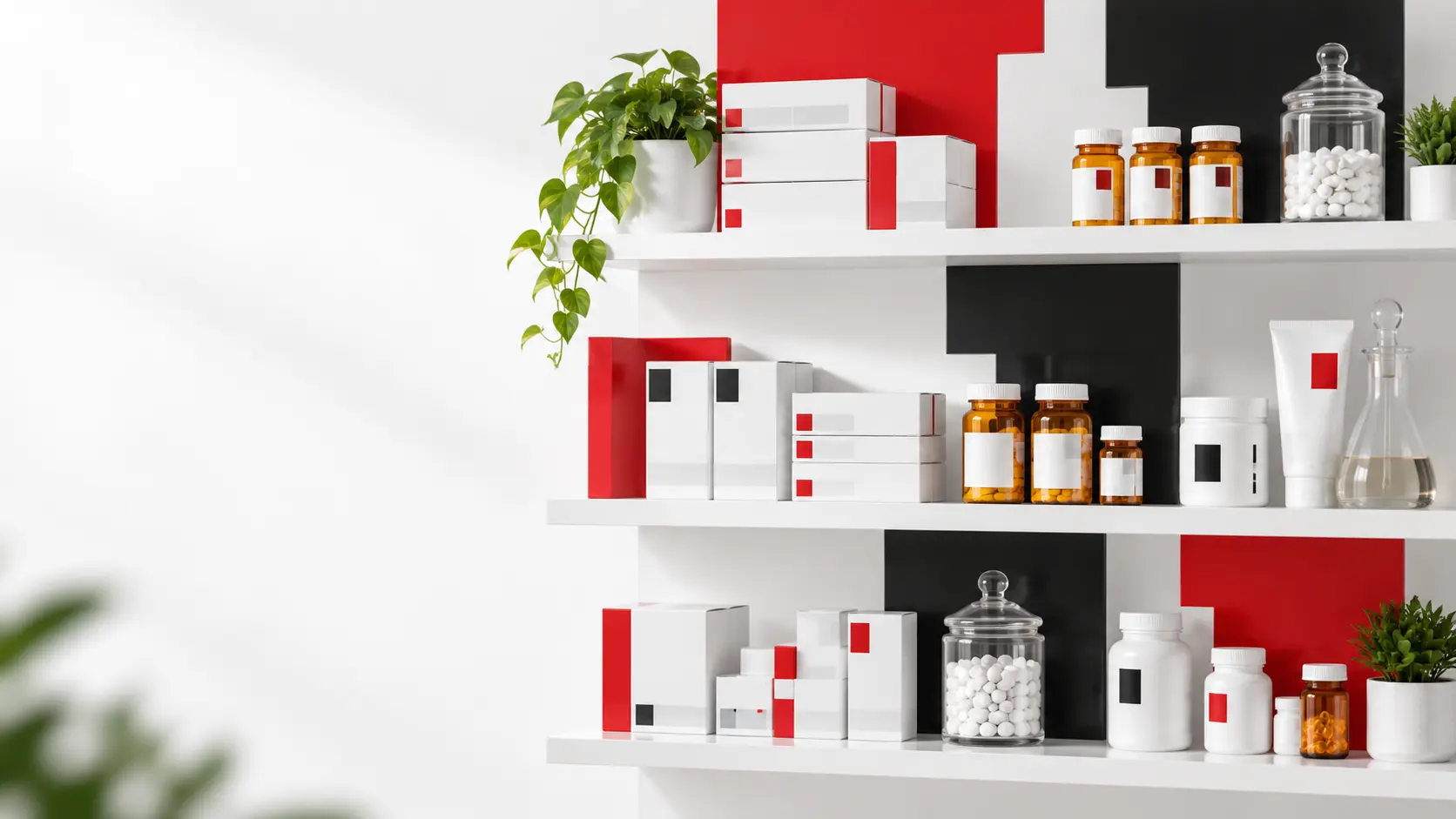 Medication shelves styled in the CityRx red, black and white identity