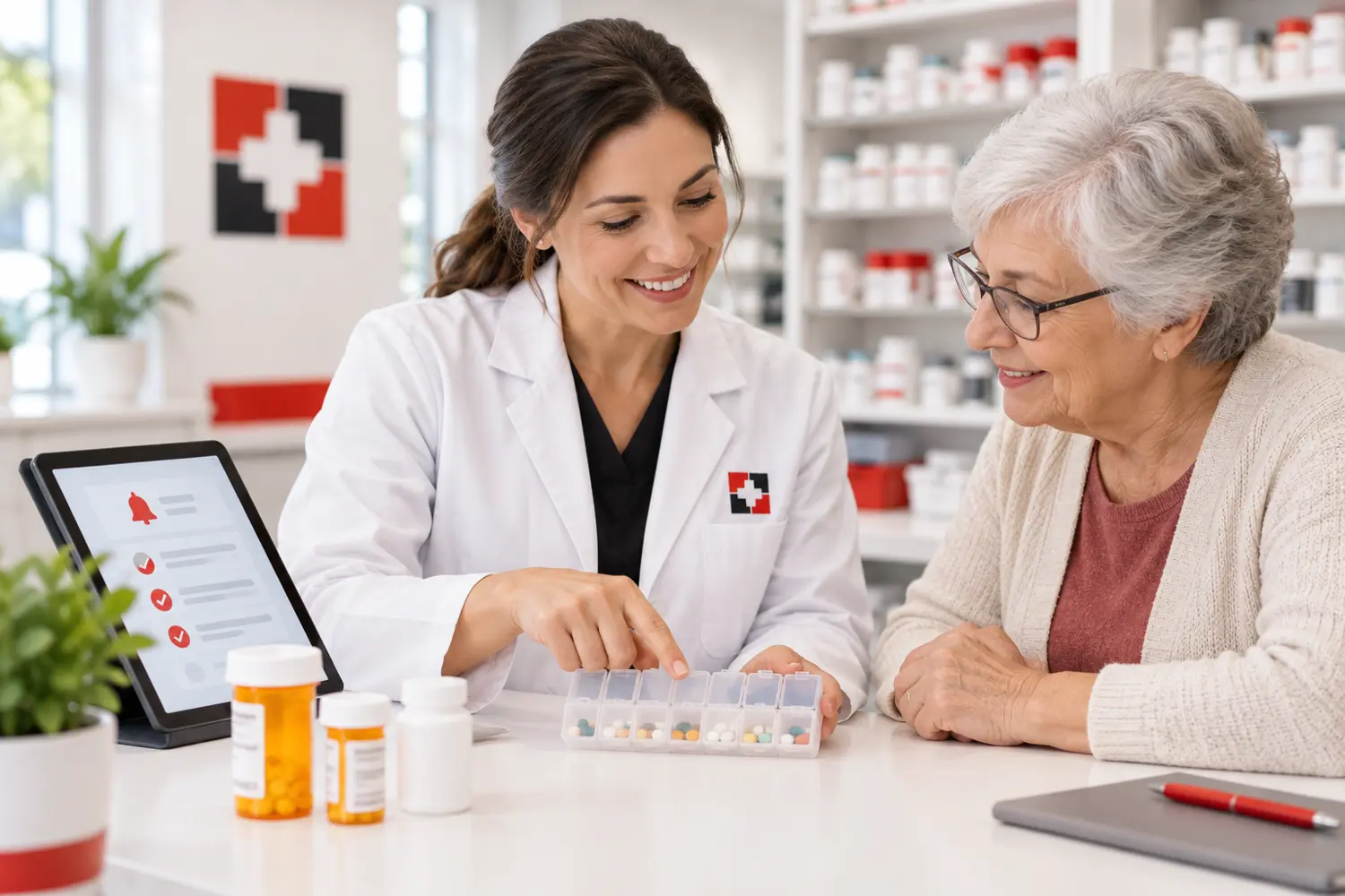 Pharmacist reviewing a medication schedule with an older patient