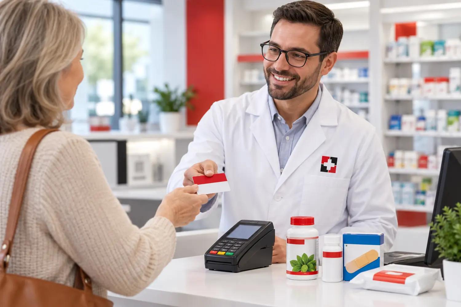 Pharmacist helping a customer use an OTC benefit card